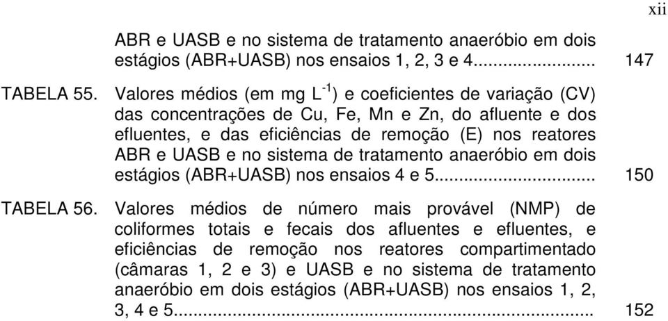 reatores ABR e UASB e no sistema de tratamento anaeróbio em dois estágios (ABR+UASB) nos ensaios 4 e 5... 150 TABELA 56.