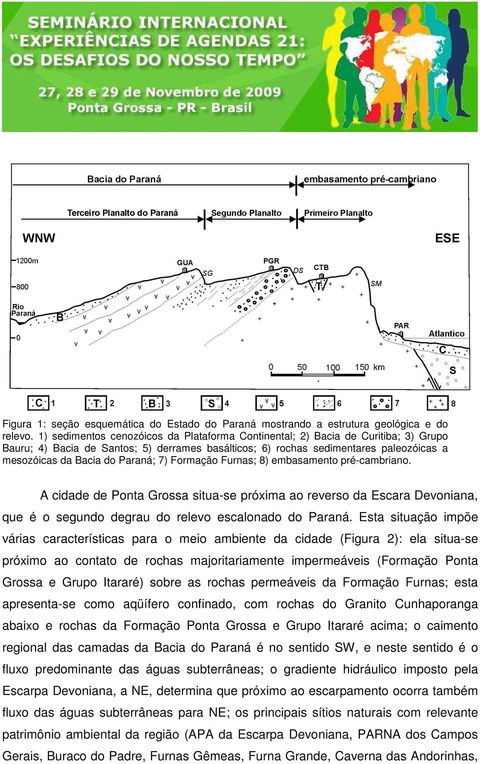 Paraná; 7) Formação Furnas; 8) embasamento pré-cambriano. A cidade de Ponta Grossa situa-se próxima ao reverso da Escara Devoniana, que é o segundo degrau do relevo escalonado do Paraná.