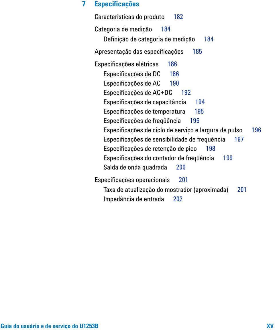 Especificações de ciclo de serviço e largura de pulso 196 Especificações de sensibilidade de frequência 197 Especificações de retenção de pico 198 Especificações do contador de