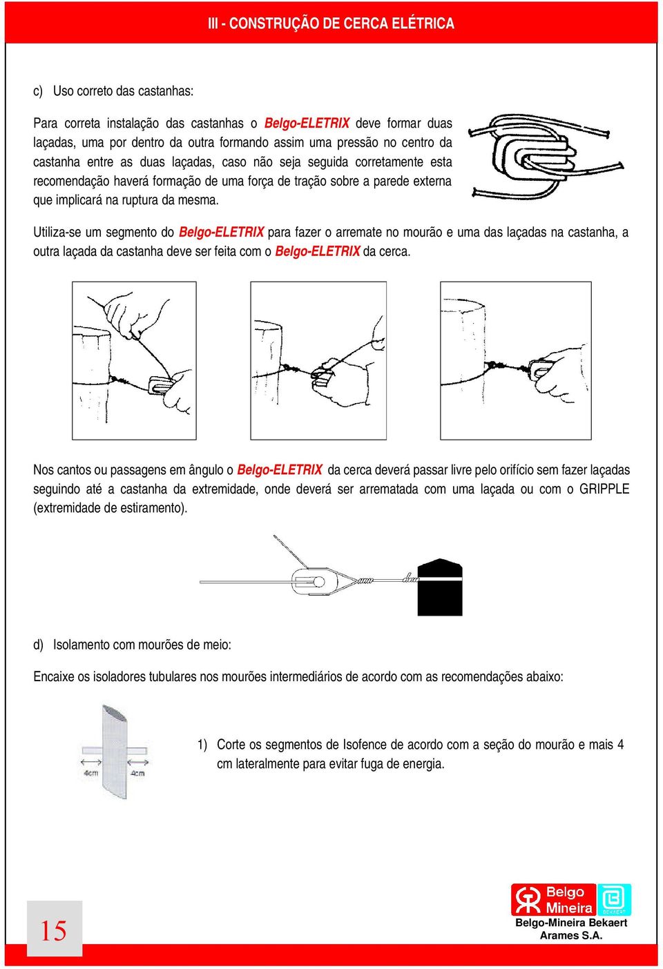 Utiliza-se um segmento do Belgo-ELETRIX para fazer o arremate no mourão e uma das laçadas na castanha, a outra laçada da castanha deve ser feita com o Belgo-ELETRIX da cerca.