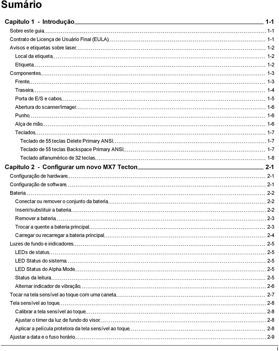 ANSI 1-7 Teclado alfanumérico de 32 teclas 1-8 Capítulo 2 - Configurar um novo MX7 Tecton 2-1 Configuração de hardware 2-1 Configuração de software 2-1 Bateria 2-2 Conectar ou remover o conjunto da