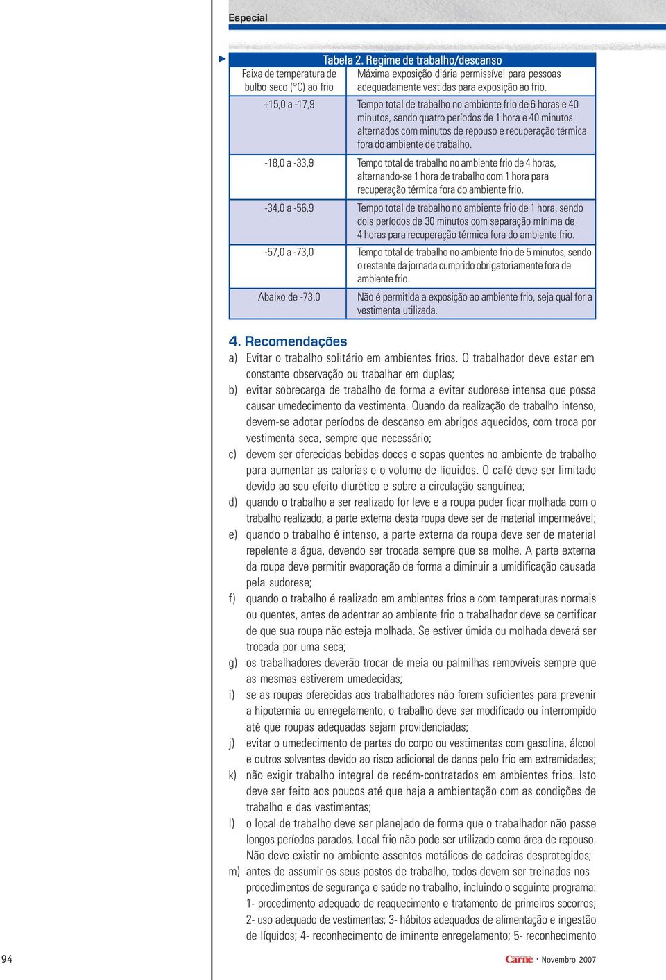 de trabalho. -18,0 a -33,9 Tempo total de trabalho no ambiente frio de 4 horas, alternando-se 1 hora de trabalho com 1 hora para recuperação térmica fora do ambiente frio.