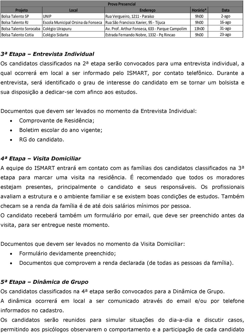 Arthur Fonseca, 633 - Parque Campolim 13h00 Bolsa Talento Cotia Colégio Sidarta Estrada Fernando Nobre, 1332 - Pq Rincao 9h00 Data 2-ago 16-ago 31-ago 23-ago 3ª Etapa Entrevista Individual Os