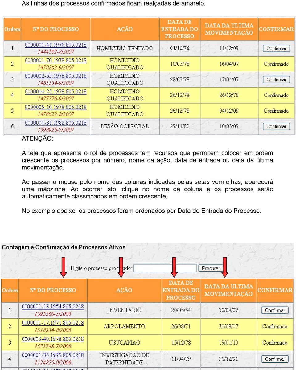 ação, data de entrada ou data da última movimentação.