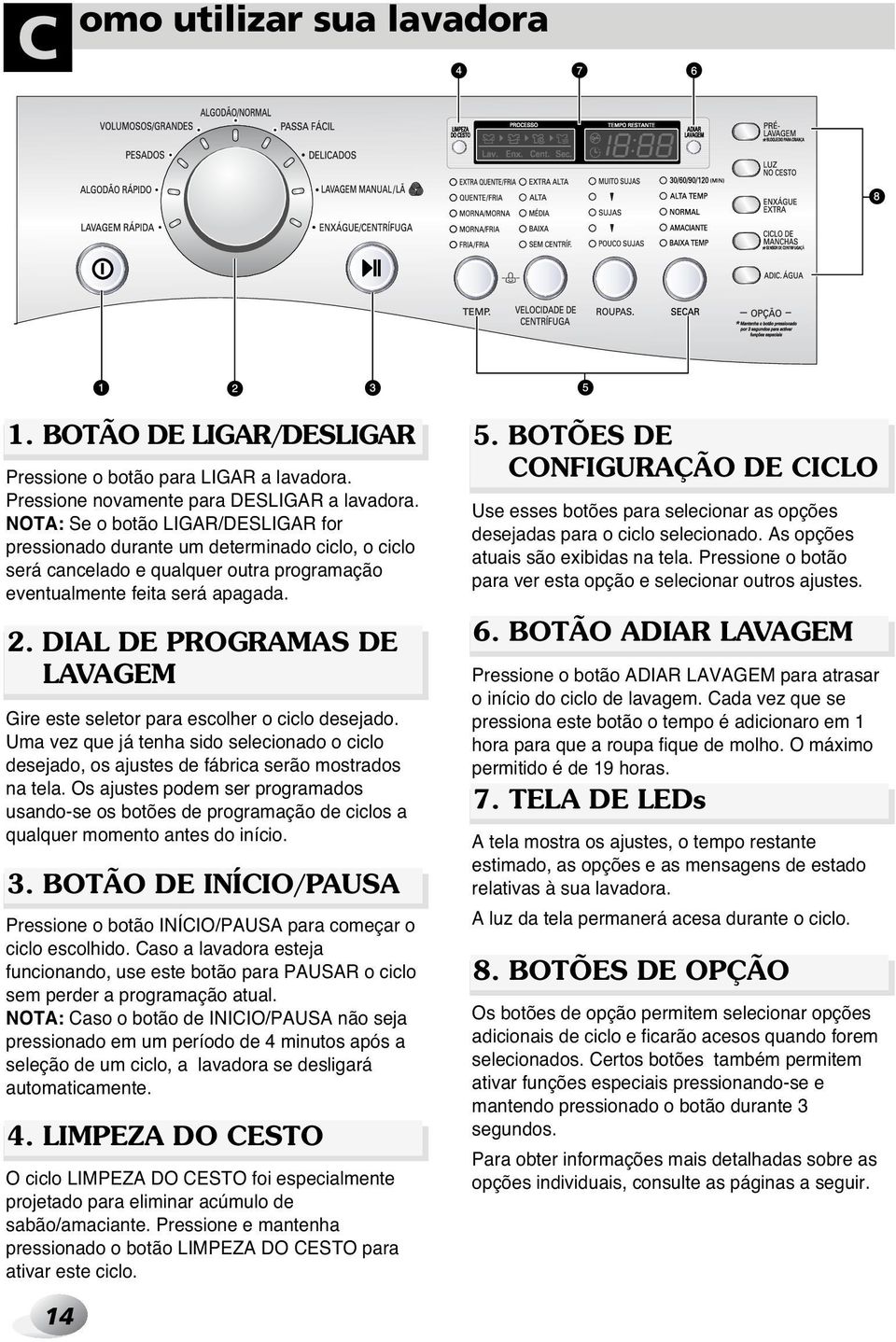 DIAL DE PROGRAMAS DE LAVAGEM Gire este seletor para escolher o ciclo desejado. Uma vez que já tenha sido selecionado o ciclo desejado, os ajustes de fábrica serão mostrados na tela.