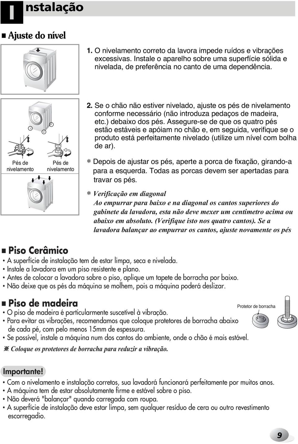 Se o chão não estiver nivelado, ajuste os pés de nivelamento conforme necessário (não introduza pedaços de madeira, etc.) debaixo dos pés.