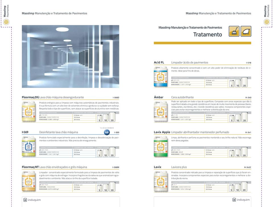 ph: 0,5-2,5 PERFUME: CARACTERÍSTIO DENSIDADE: 1,137-1,157 kg/l Floormaq DGLava chão máquina desengordurante I-566D Ámbar Cera autobrilhante H-340 Produto enérgico para a limpeza com máquinas