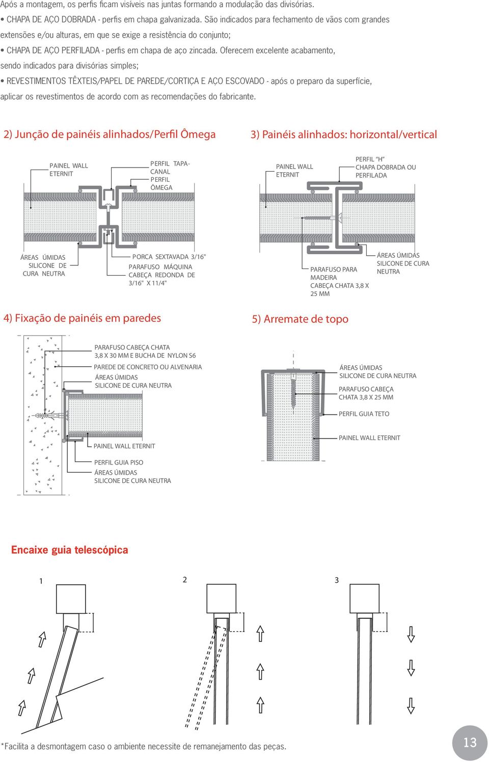 Oferecem excelente acabamento, H sendo indicados PAINEL para WALL divisórias simples; TAPA- CHAPA DOBRADA OU CANAL ADA REVESTIMENTOS TÊXTEIS/PAPEL DE PAREDE/CORTIÇA E AÇO ESCOVADO - após o preparo da