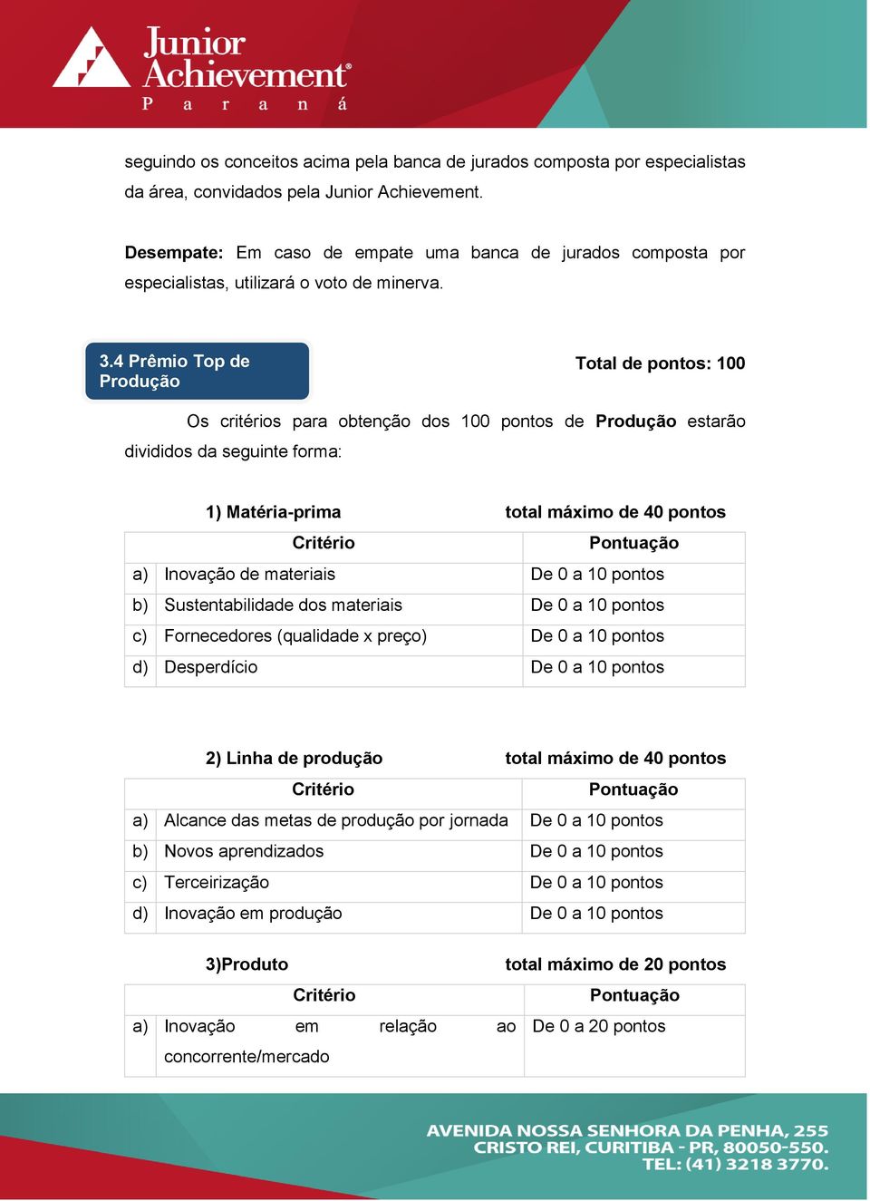 4 Prêmio Top de Produção Total de pontos: 100 Os critérios para obtenção dos 100 pontos de Produção estarão divididos da seguinte forma: 1) Matéria-prima total máximo de 40 pontos a) Inovação de