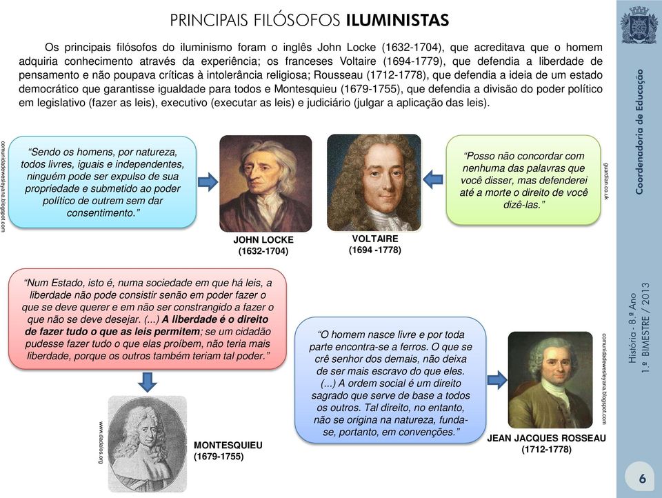 igualdade para todos e Montesquieu (1679-1755), que defendia a divisão do poder político em legislativo (fazer as leis), executivo (executar as leis) e judiciário (julgar a aplicação das leis).