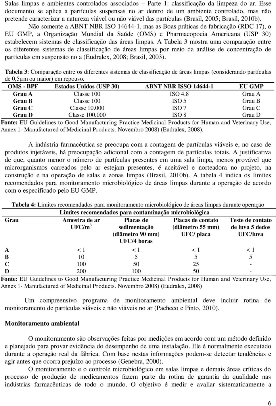 Não somente a ABNT NBR ISO 14644-1, mas as Boas práticas de fabricação (RDC 17), o EU GMP, a Organização Mundial da Saúde (OMS) e Pharmacopoeia Americana (USP 30) estabelecem sistemas de