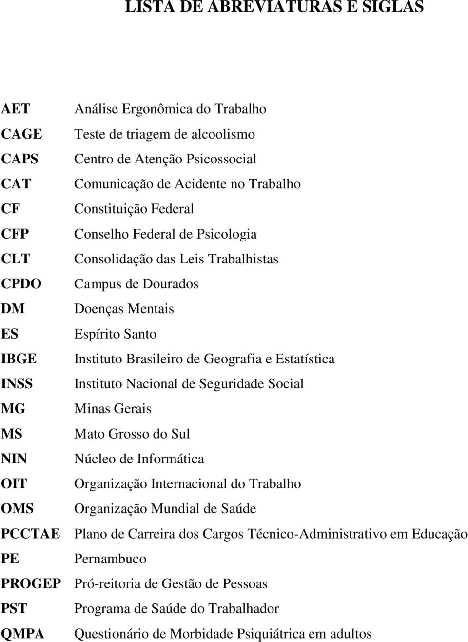 INSS Instituto Nacional de Seguridade Social MG Minas Gerais MS Mato Grosso do Sul NIN Núcleo de Informática OIT Organização Internacional do Trabalho OMS Organização Mundial de Saúde PCCTAE Plano