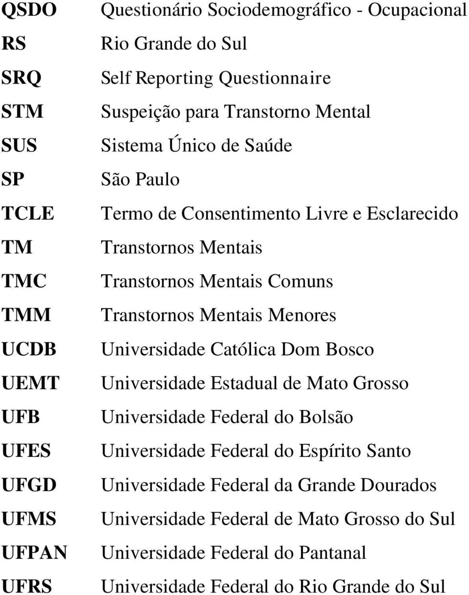 Comuns Transtornos Mentais Menores Universidade Católica Dom Bosco Universidade Estadual de Mato Grosso Universidade Federal do Bolsão Universidade Federal do