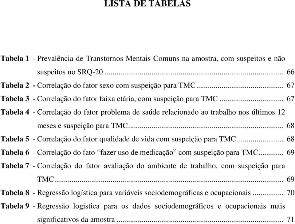 .. 68 Tabela 5 - Correlação do fator qualidade de vida com suspeição para TMC... 68 Tabela 6 - Correlação do fato fazer uso de medicação com suspeição para TMC.