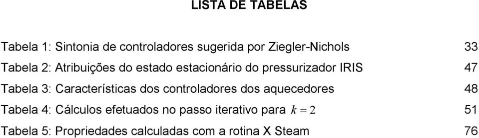 Características dos controladores dos aquecedores 48 Tabela 4: Cálculos efetuados