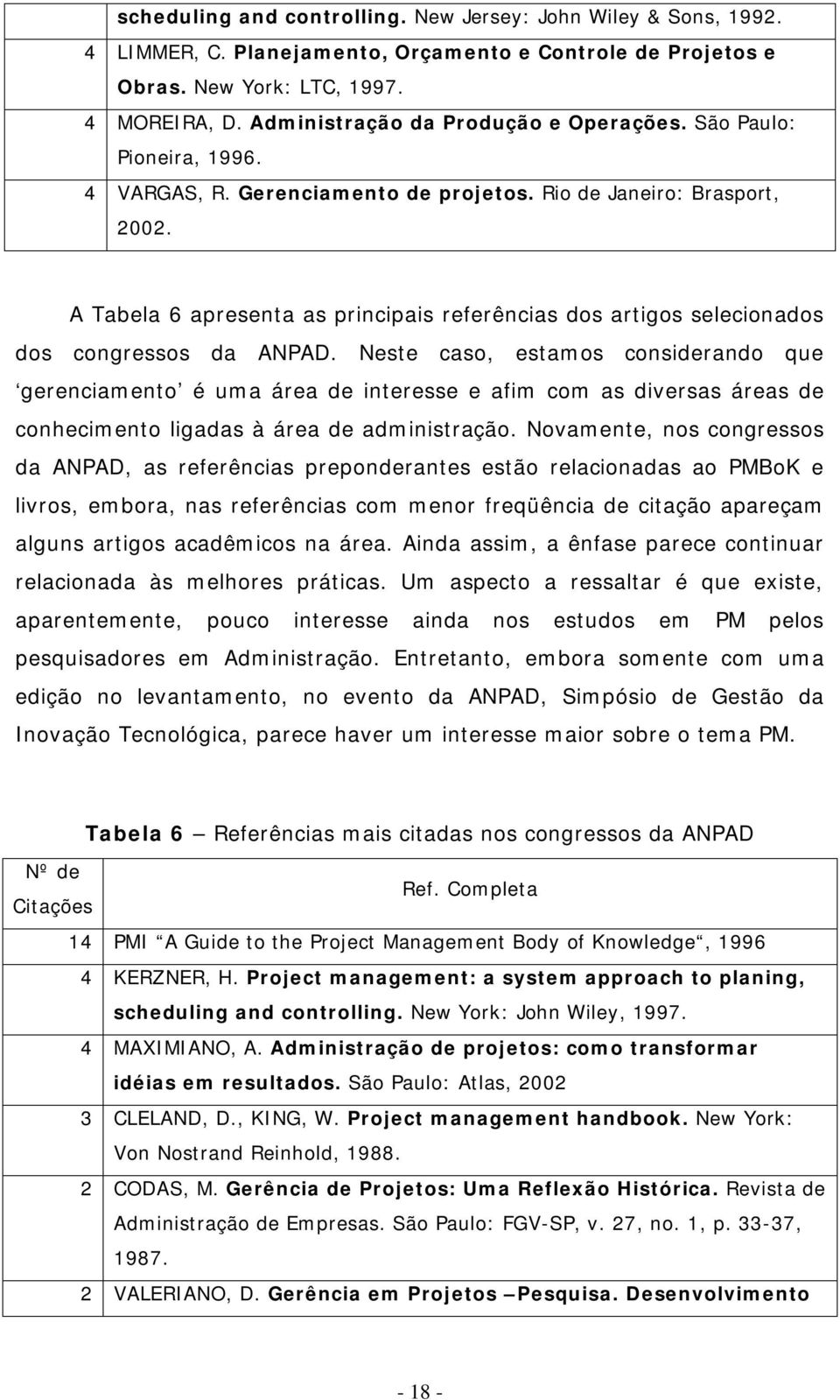 A Tabela 6 apresenta as principais referências dos artigos selecionados dos congressos da ANPAD.