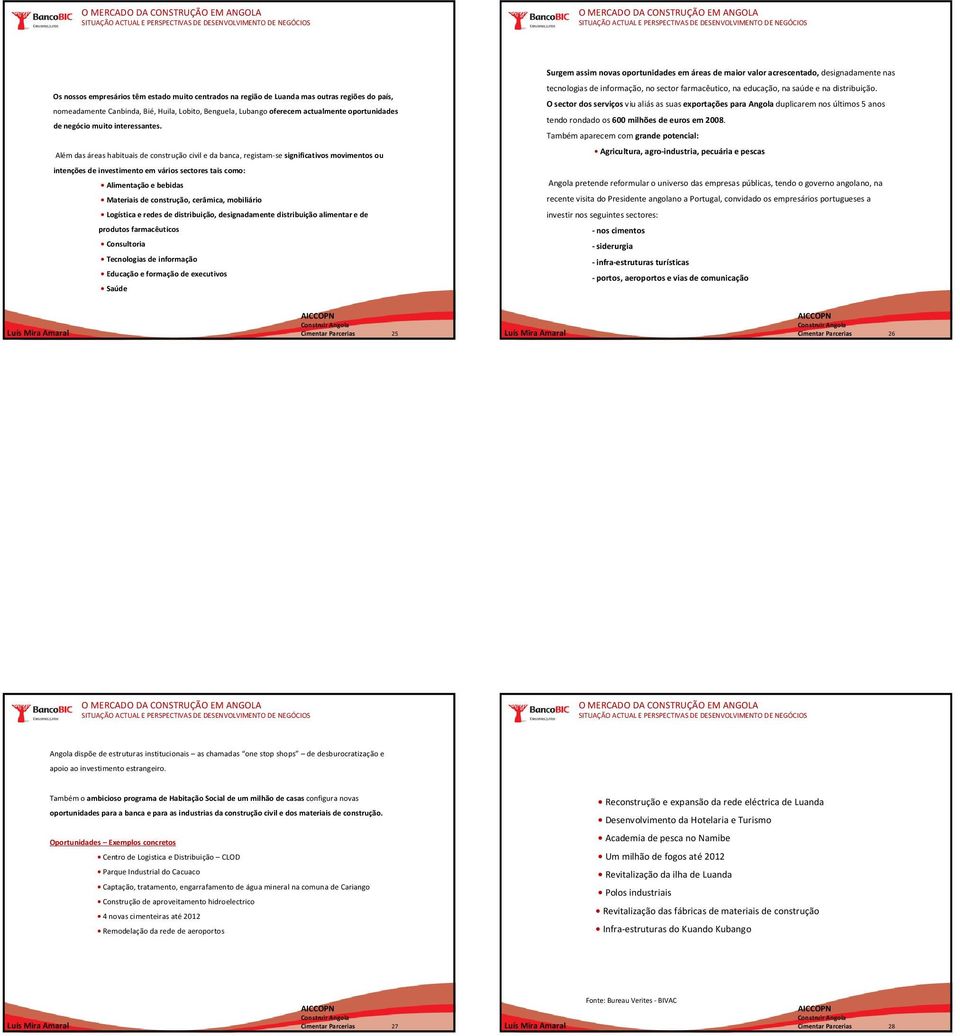 Além das áreas habituais de construção civil e da banca, registam-se significativos movimentos ou intenções de investimento em vários sectores tais como: Alimentação e bebidas Materiais de