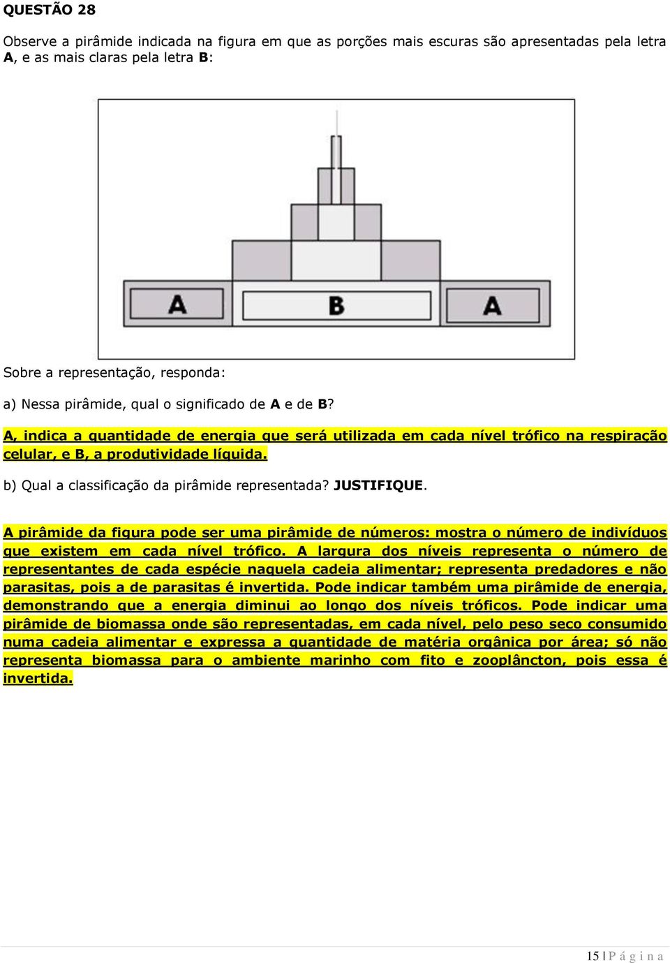 b) Qual a classificação da pirâmide representada? JUSTIFIQUE. A pirâmide da figura pode ser uma pirâmide de números: mostra o número de indivíduos que existem em cada nível trófico.