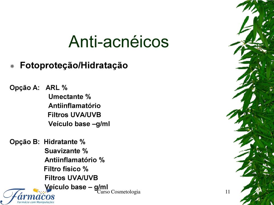 g/ml Opção B: Hidratante % Suavizante % Antiinflamatório %