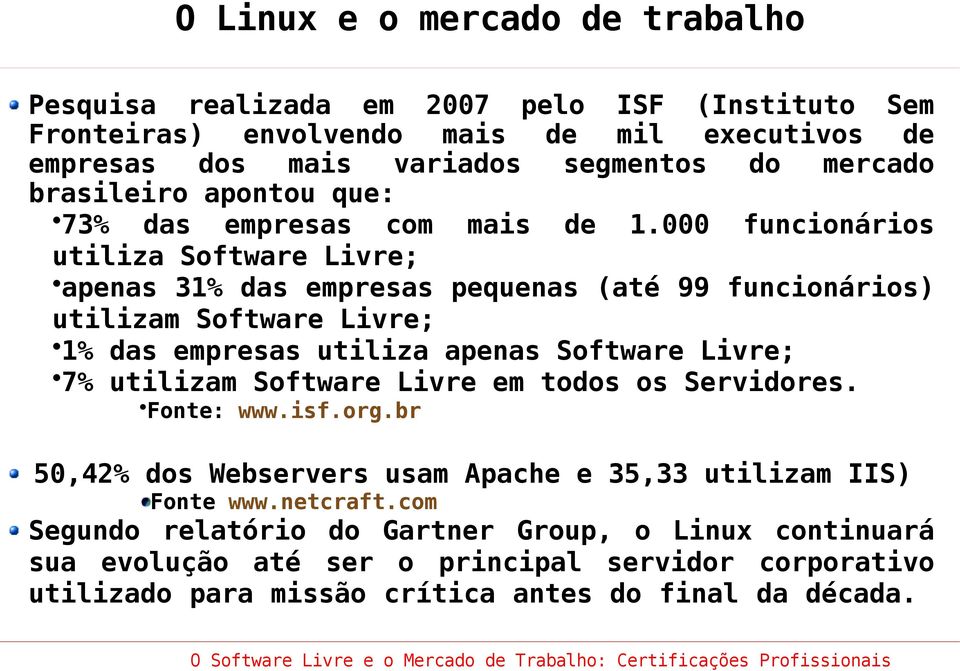 000 funcionários utiliza Software Livre; apenas 31% das empresas pequenas (até 99 funcionários) utilizam Software Livre; 1% das empresas utiliza apenas Software Livre; 7% utilizam