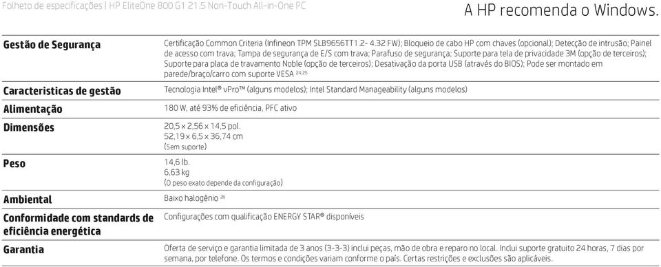 (opção de terceiros); Suporte para placa de travamento Noble (opção de terceiros); Desativação da porta USB (através do BIOS); Pode ser montado em parede/braço/carro com suporte VESA 24,25 Tecnologia