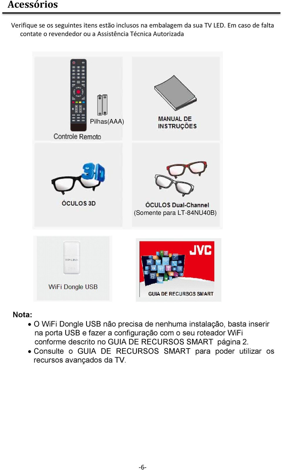 Em caso de falta contate o revendedor ou a Assistência Técnica Autorizada 1 2 3 4 5 6 7 8 9 0 Pilhas(AAA) (Somente para LT-84NU40B) Nota: O WiFi