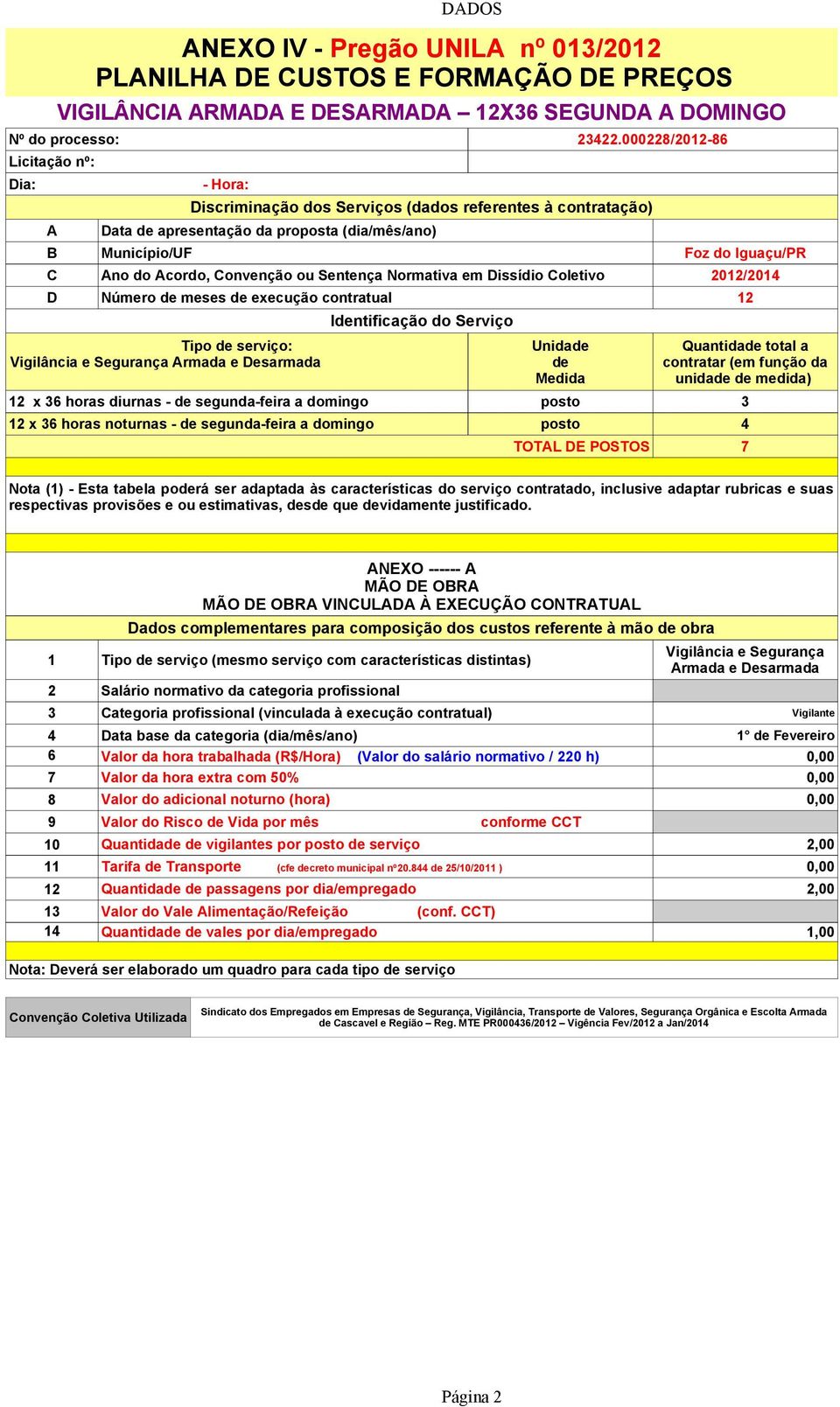 apresentação da proposta (dia/mês/ano) B Município/UF Foz do Iguaçu/PR C Ano do Acordo, Convenção ou Sentença Normativa em Dissídio Coletivo 2012/2014 D Número de meses de execução contratual 12 Tipo