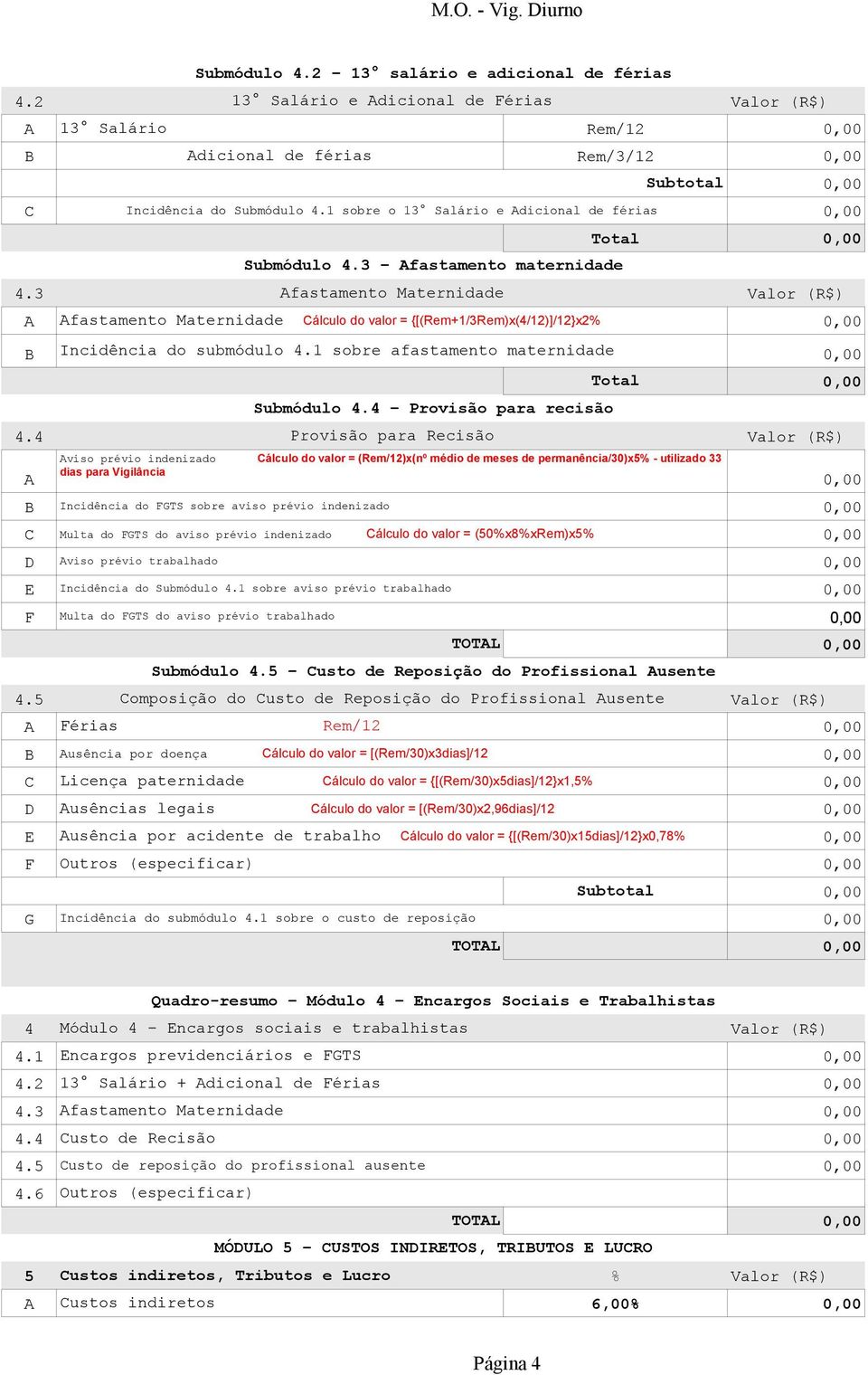 3 Afastamento maternidade 4.3 Afastamento Maternidade Valor (R$) A Afastamento Maternidade Cálculo do valor = {[(Rem+1/3Rem)x(4/12)]/12}x2% B Incidência do submódulo 4.