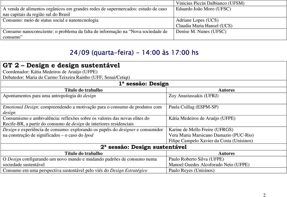 Nunes (UFSC) 24/09 (quarta-feira) GT 2 Design e design sustentável Coordenador: Kátia Medeiros de Araújo (UFPE) Debatedor: Maria do Carmo Teixeira Rainho (UFF; Senai/Cetiqt) 1ª sessão: Design