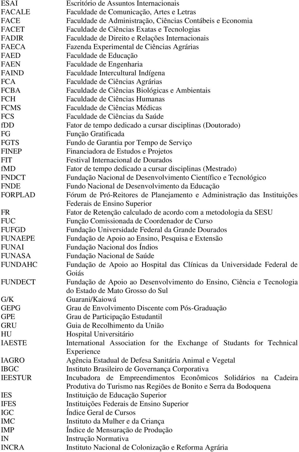 Ciências Exatas e Tecnologias Faculdade de Direito e Relações Internacionais Fazenda Experimental de Ciências Agrárias Faculdade de Educação Faculdade de Engenharia Faculdade Intercultural Indígena