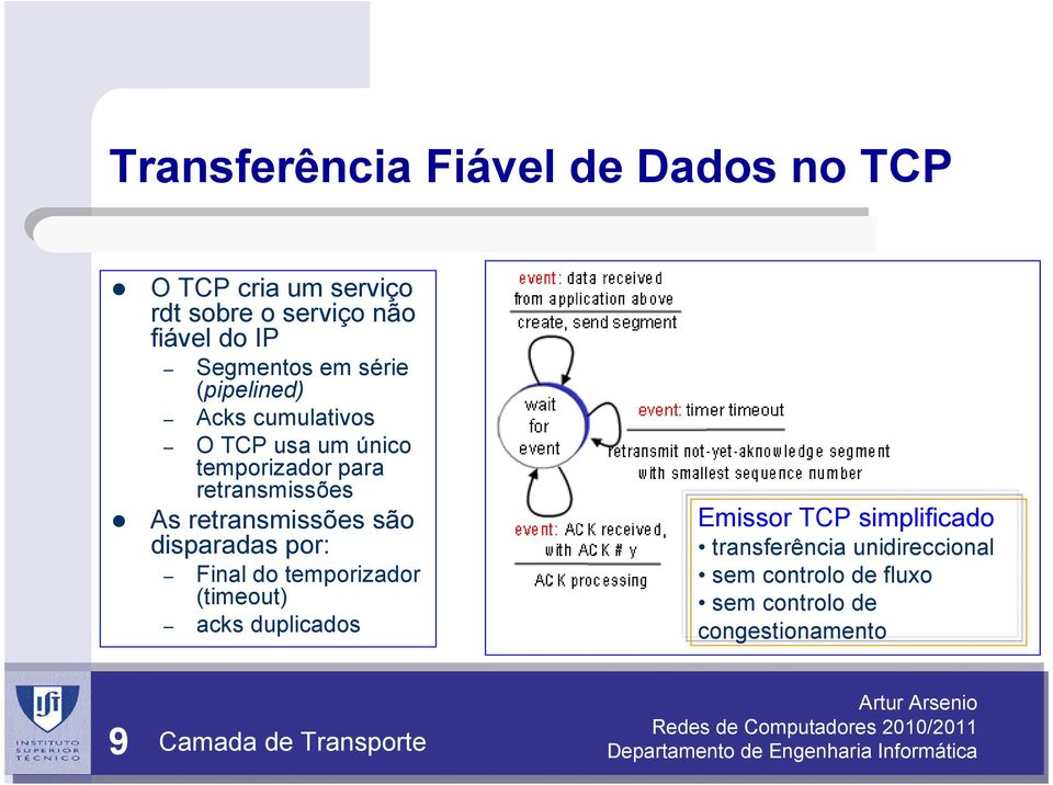 retransmissões são disparadas por: Final do temporizador (timeout) acks duplicados Emissor TCP