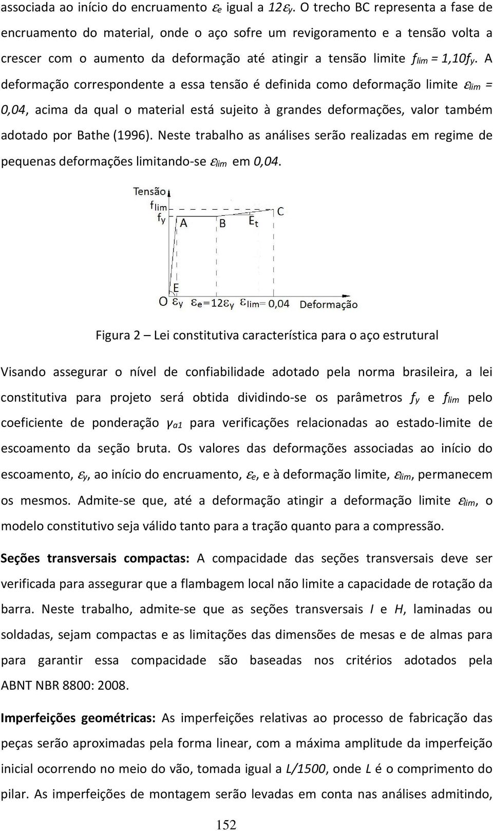 A deformação correspondente a essa tensão é definida como deformação limite εlim = 0,04, acima da qual o material está sujeito à grandes deformações, valor também adotado por Bathe (1996).