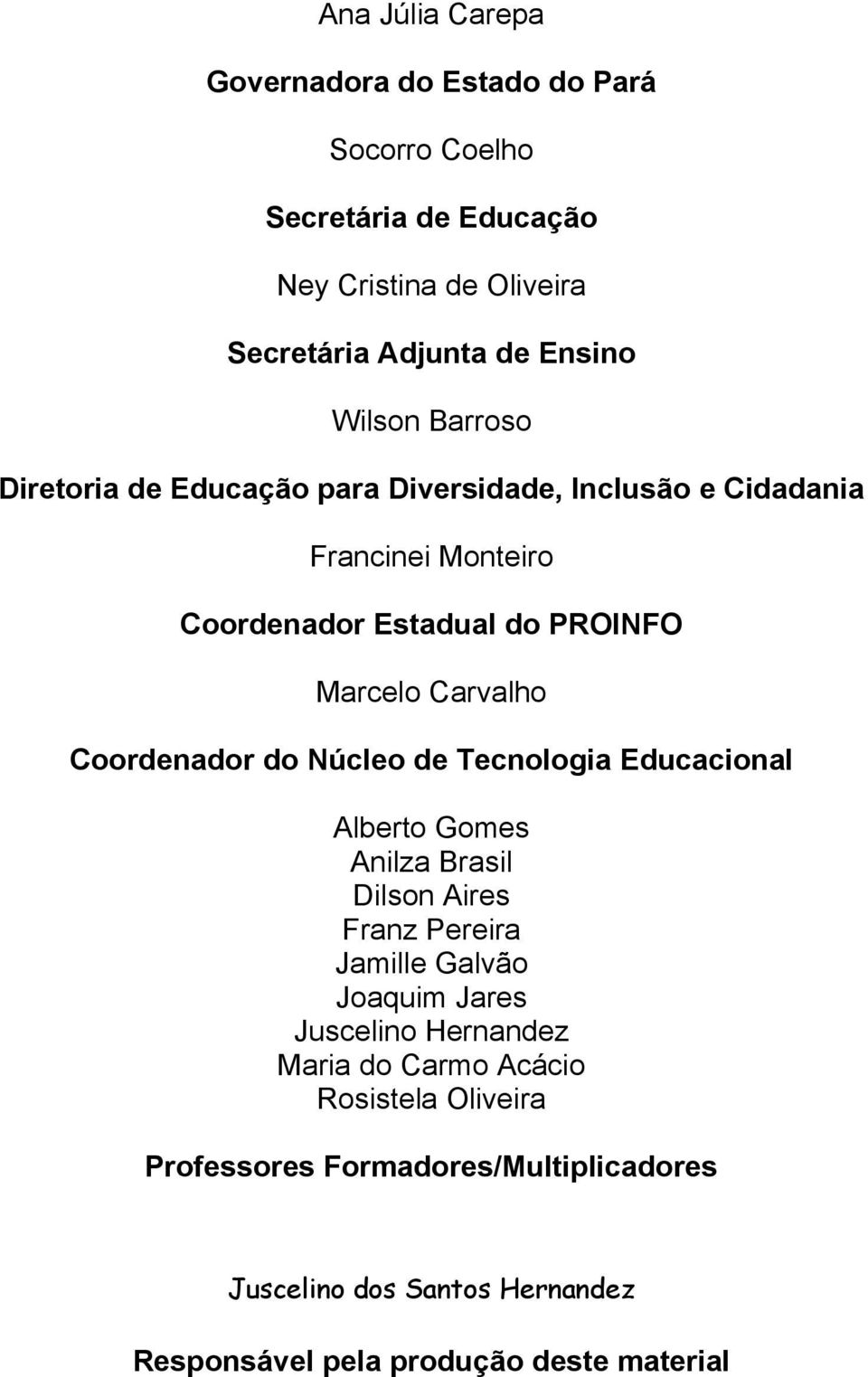 Coordenador do Núcleo de Tecnologia Educacional Alberto Gomes Anilza Brasil Dilson Aires Franz Pereira Jamille Galvão Joaquim Jares Juscelino