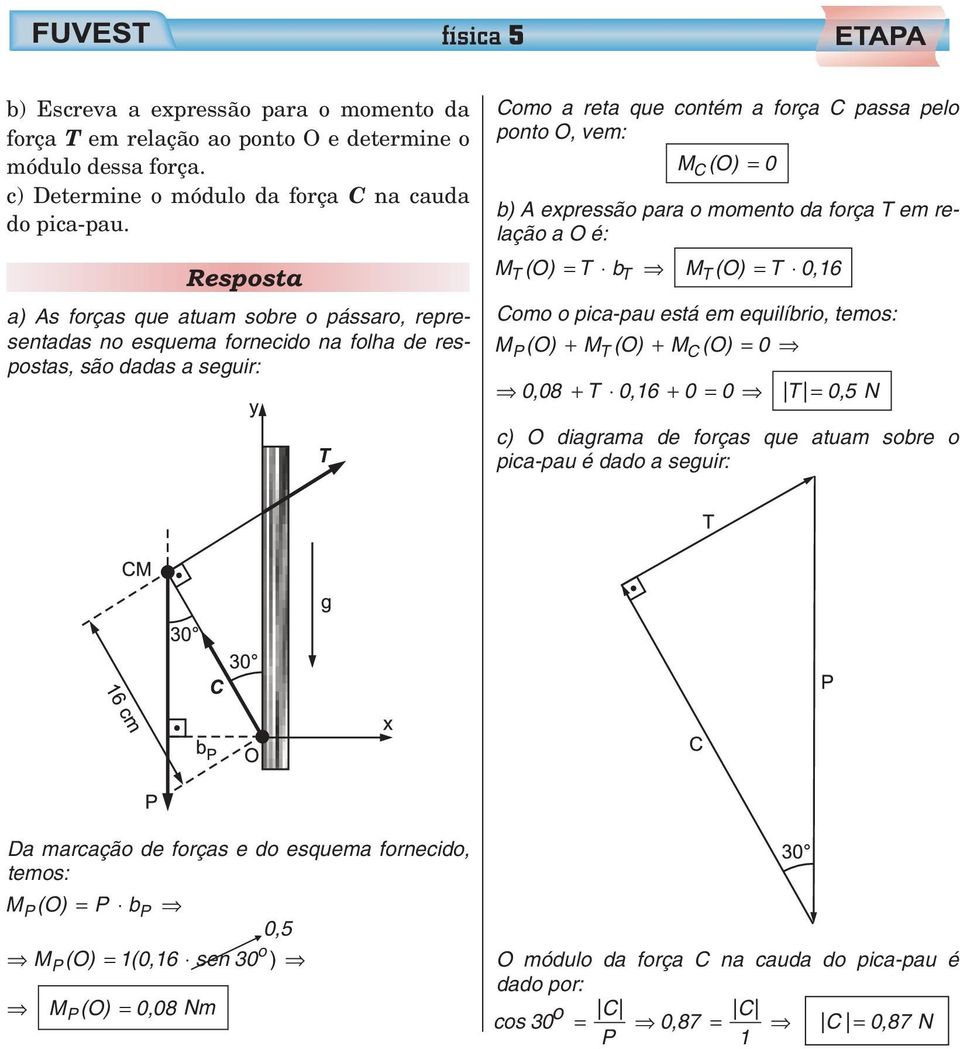 expressão para o momento da força T em relação a O é: M T(O) T bt M T (O) T 0,6 Como o pica-pau está em equilíbrio, temos: M P(O) + M T(O) + M C(O) 0 0,08 + T 0,6 + 0 0 T 0,5 N c) O diagrama de