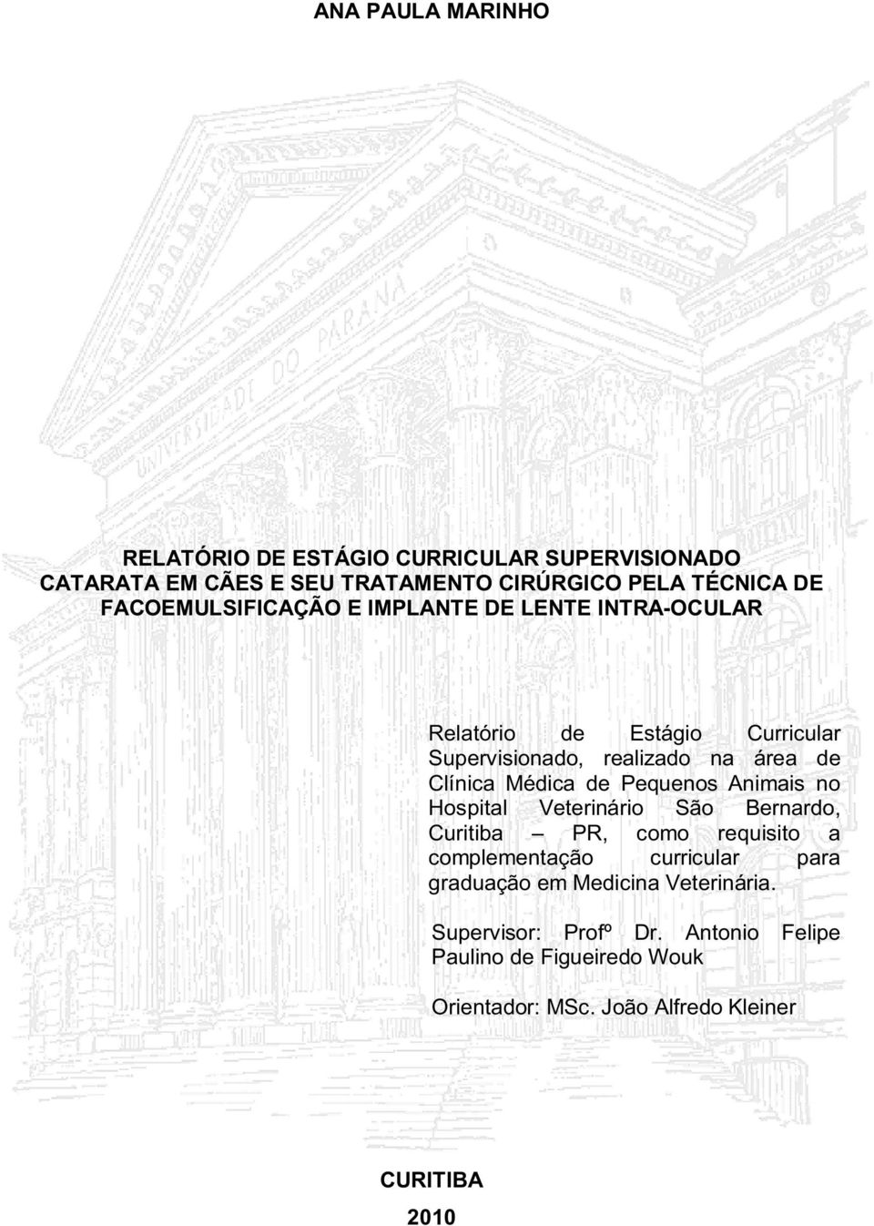 Médica de Pequenos Animais no Hospital Veterinário São Bernardo, Curitiba PR, como requisito a complementação curricular para