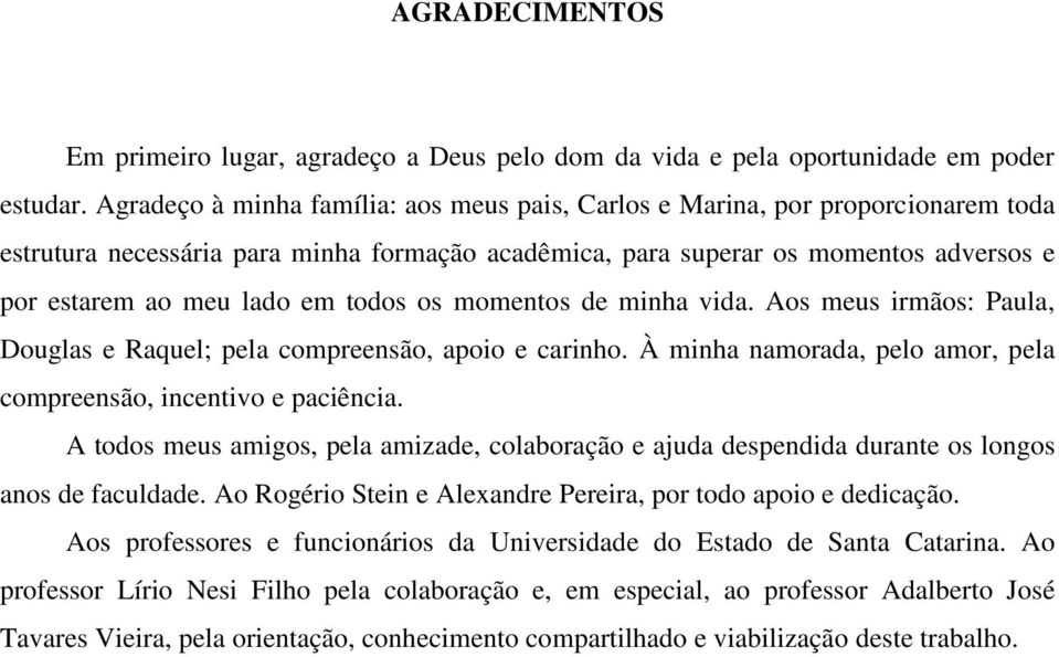 todos os momentos de minha vida. Aos meus irmãos: Paula, Douglas e Raquel; pela compreensão, apoio e carinho. À minha namorada, pelo amor, pela compreensão, incentivo e paciência.