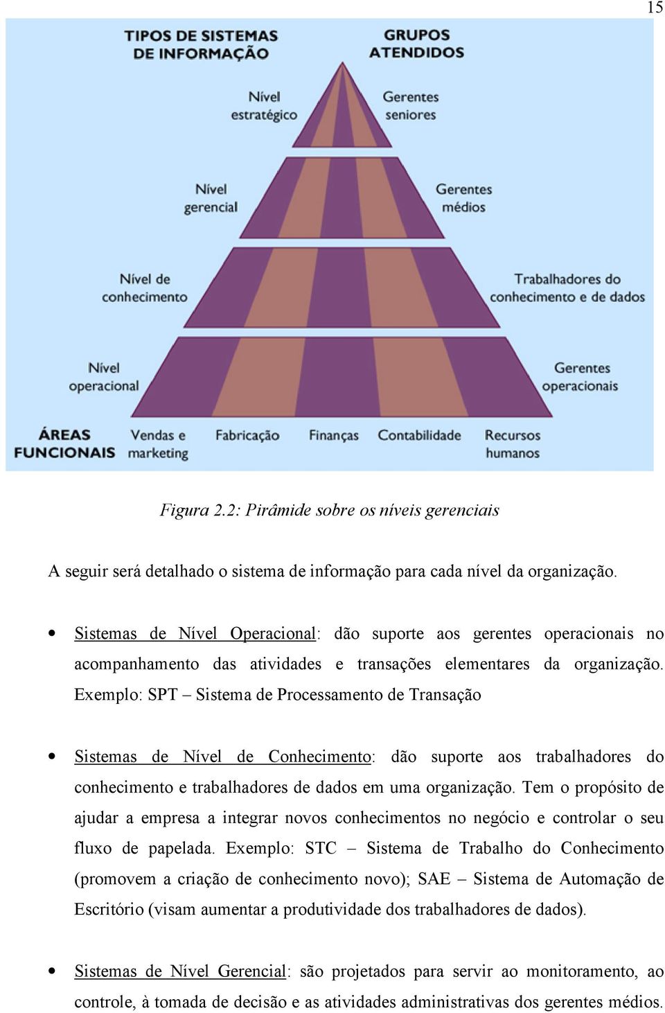 Exemplo: SPT Sistema de Processamento de Transação Sistemas de Nível de Conhecimento: dão suporte aos trabalhadores do conhecimento e trabalhadores de dados em uma organização.