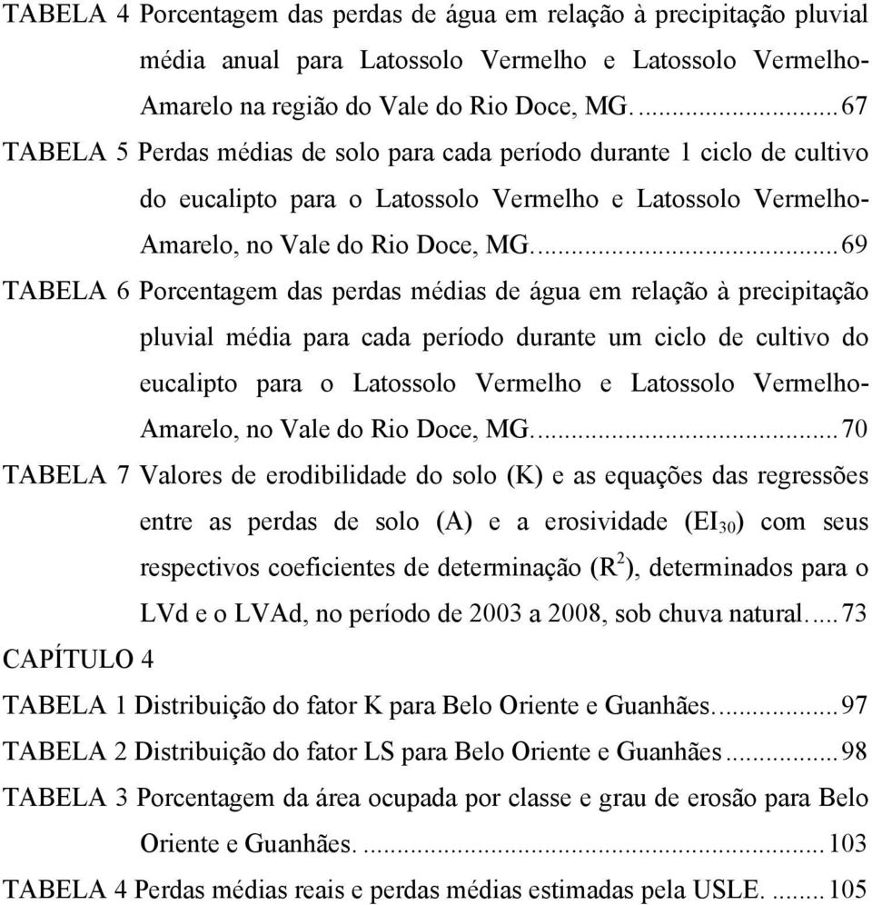 ..69 TABELA 6 Porcentagem das perdas médias de água em relação à precipitação pluvial média para cada período durante um ciclo de cultivo do eucalipto para o Latossolo Vermelho e Latossolo Vermelho-