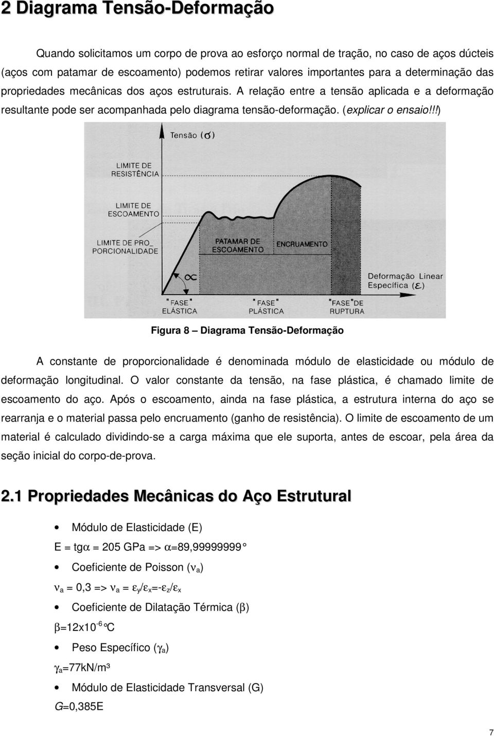 !!) Figura 8 Diagrama Tensão-Deformação A constante de proporcionalidade é denominada módulo de elasticidade ou módulo de deformação longitudinal.