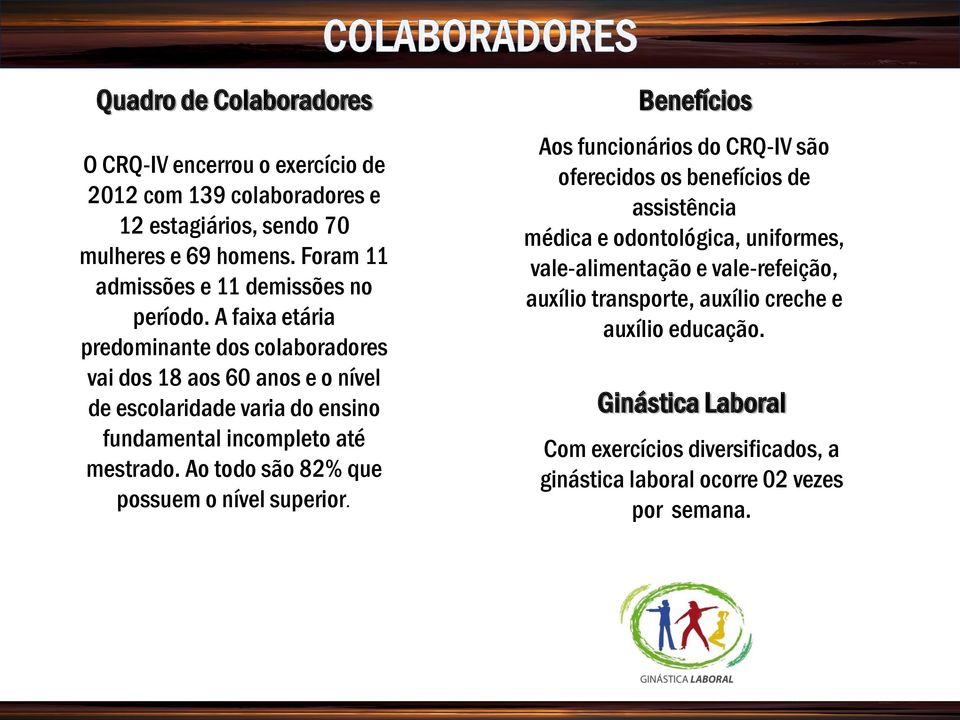 A faixa etária predominante dos colaboradores vai dos 18 aos 60 anos e o nível de escolaridade varia do ensino fundamental incompleto até mestrado.