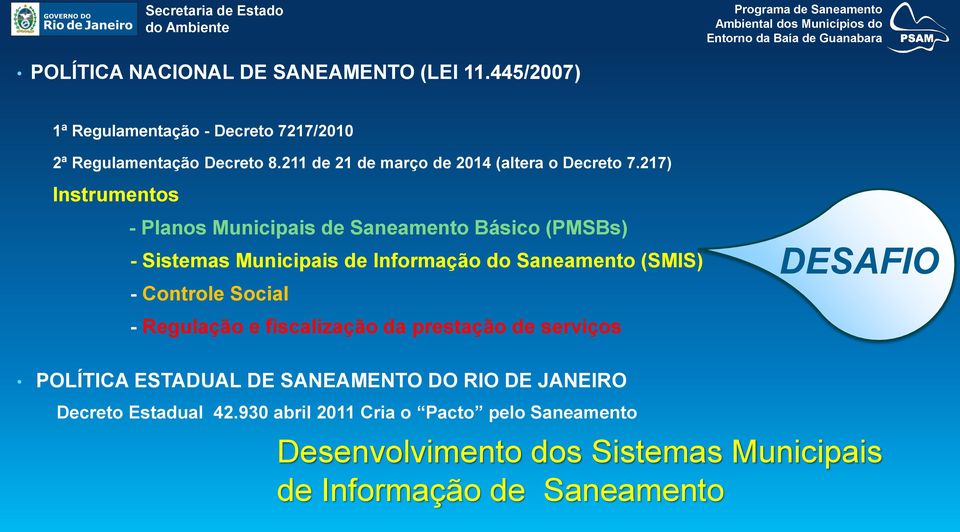 217) Instrumentos - Planos Municipais de Saneamento Básico (PMSBs) - Sistemas Municipais de Informação do Saneamento (SMIS) - Controle Social - Regulação e