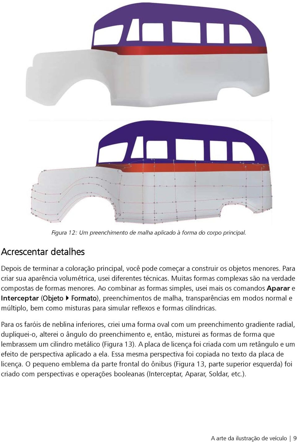 Ao combinar as formas simples, usei mais os comandos Aparar e Interceptar (Objeto Formato), preenchimentos de malha, transparências em modos normal e múltiplo, bem como misturas para simular reflexos