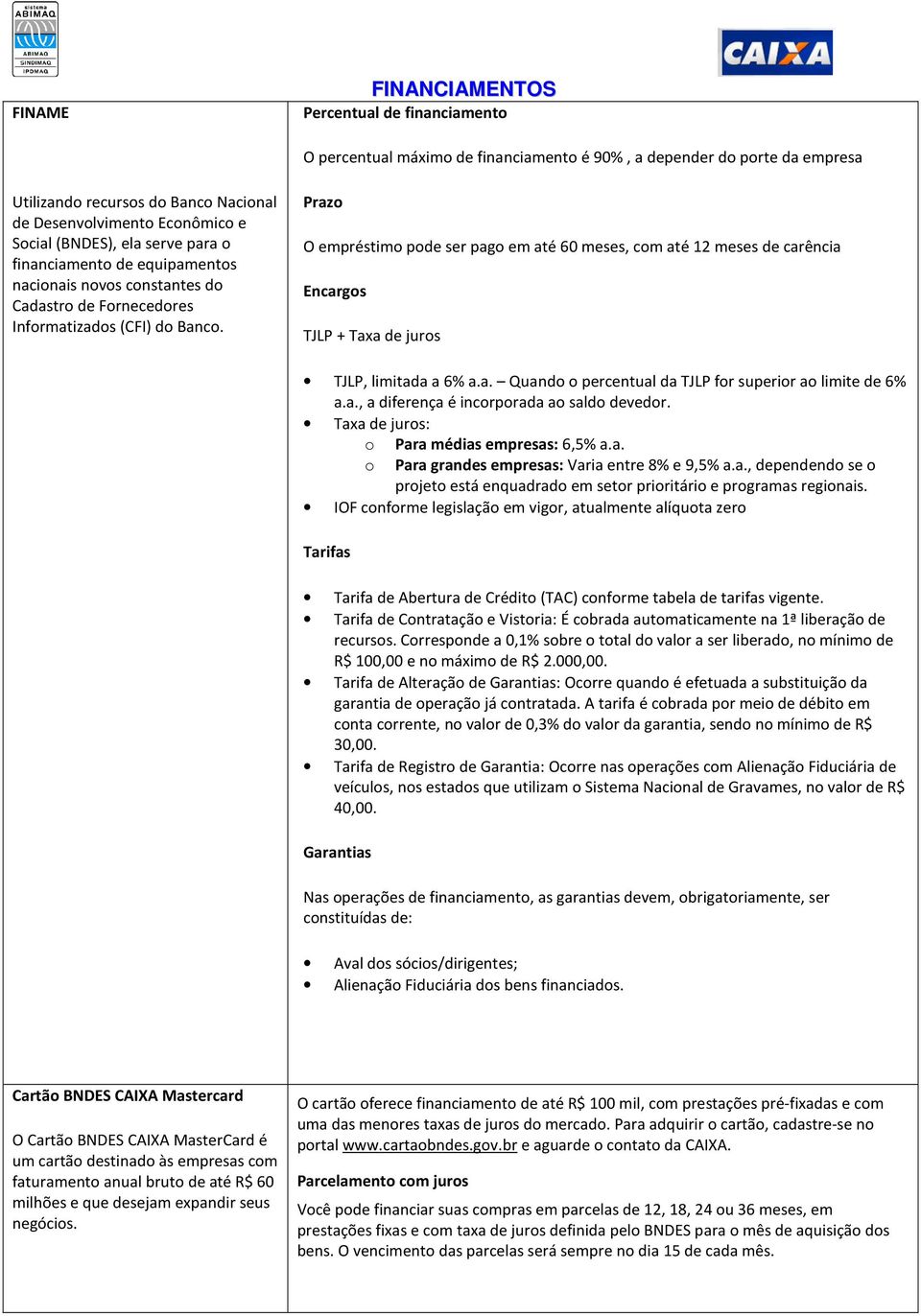 Prazo O empréstimo pode ser pago em até 60 meses, com até 12 meses de carência TJLP + Taxa de juros TJLP, limitada a 6% a.a. Quando o percentual da TJLP for superior ao limite de 6% a.a., a diferença é incorporada ao saldo devedor.