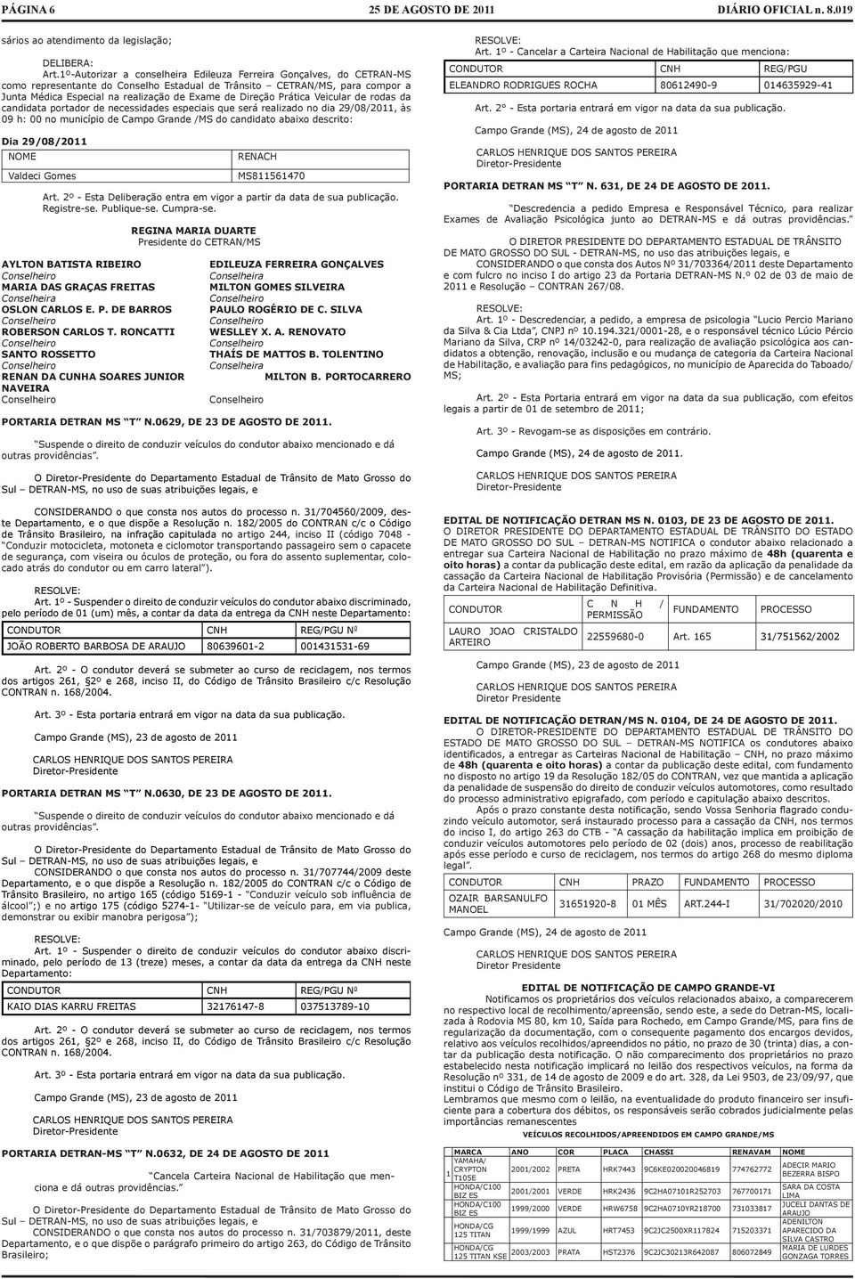 Direção Prática Veicular de rodas da candidata portador de necessidades especiais que será realizado no dia 29/08/2011, às 09 h: 00 no município de Campo Grande /MS do candidato abaixo descrito: Dia