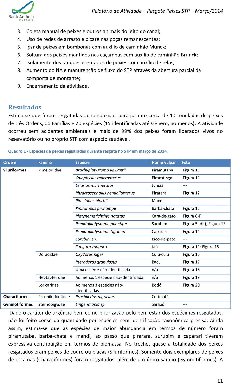 Aumento do NA e manutenção de fluxo do STP através da abertura parcial da comporta de montante; 9. Encerramento da atividade.