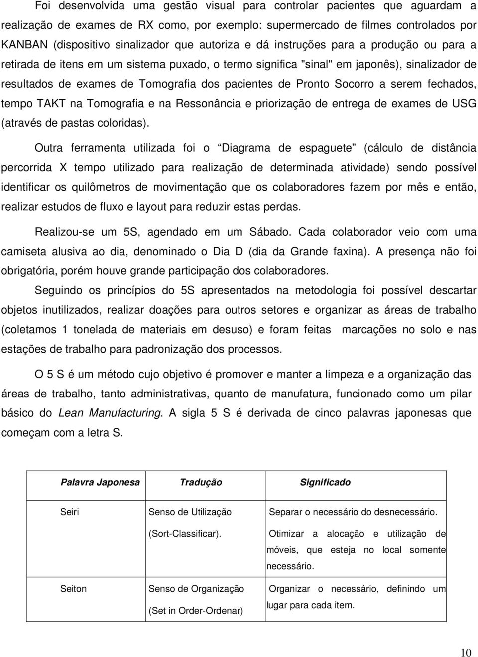 Pronto Socorro a serem fechados, tempo TAKT na Tomografia e na Ressonância e priorização de entrega de exames de USG (através de pastas coloridas).