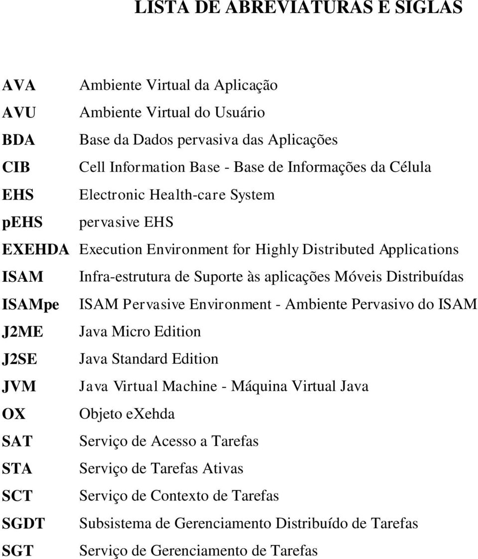 Distribuídas ISAMpe ISAM Pervasive Environment - Ambiente Pervasivo do ISAM J2ME Java Micro Edition J2SE Java Standard Edition JVM Java Virtual Machine - Máquina Virtual Java OX Objeto