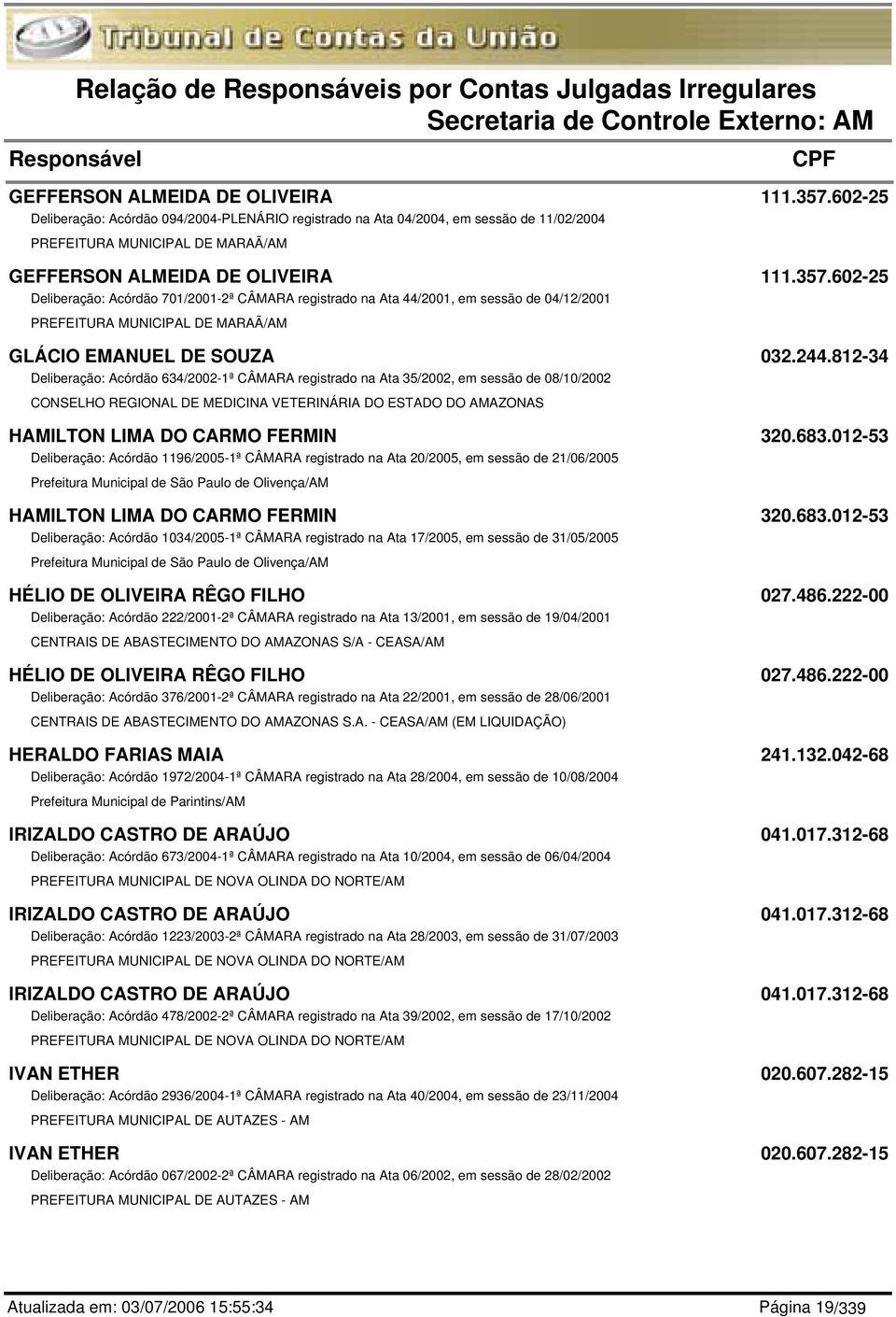 602-25 Deliberação: Acórdão 701/2001-2ª CÂMARA registrado na Ata 44/2001, em sessão de 04/12/2001 PREFEITURA MUNICIPAL DE MARAÃ/AM GLÁCIO EMANUEL DE SOUZA 032.244.