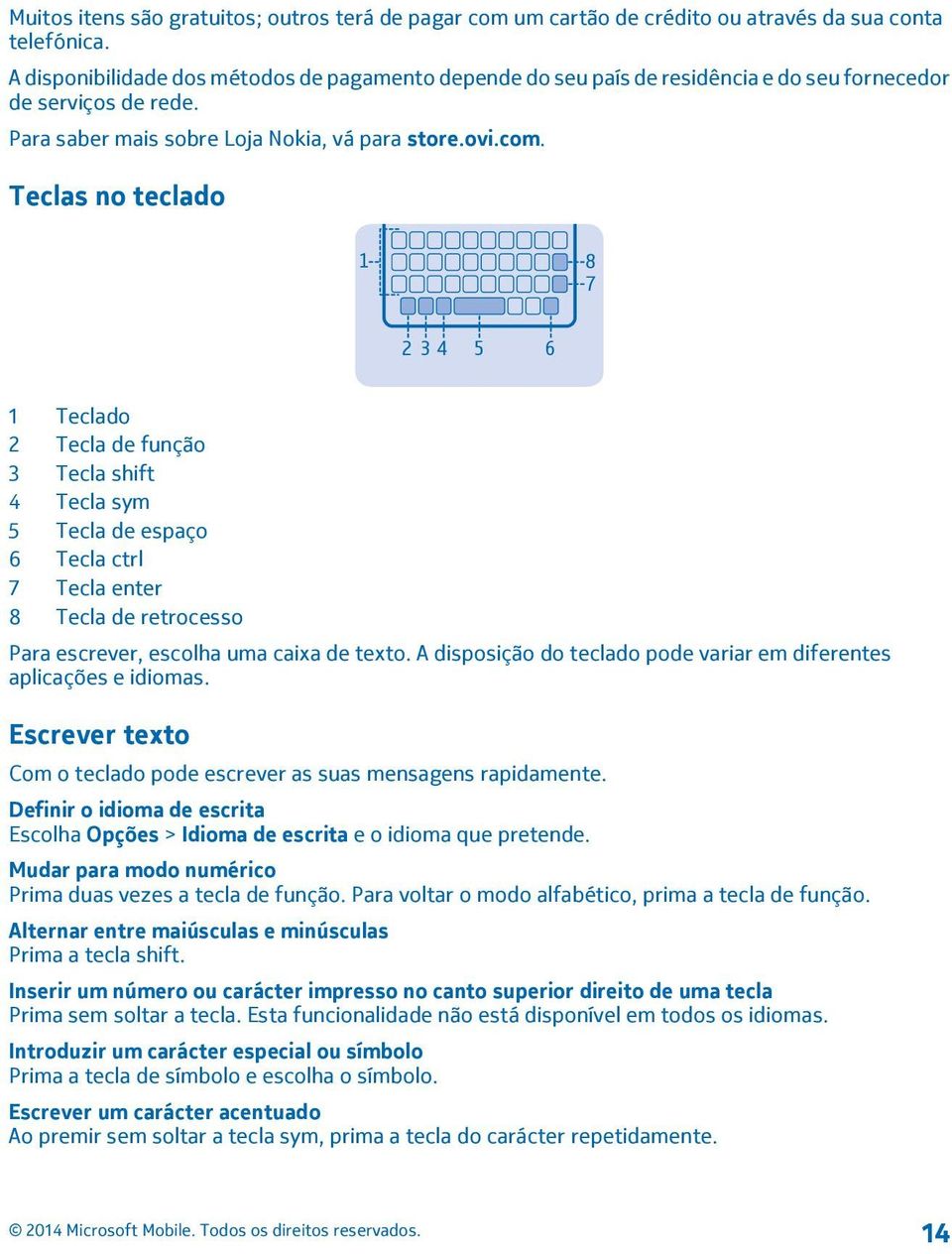 Teclas no teclado 1 8 7 2 3 4 5 6 1 Teclado 2 Tecla de função 3 Tecla shift 4 Tecla sym 5 Tecla de espaço 6 Tecla ctrl 7 Tecla enter 8 Tecla de retrocesso Para escrever, escolha uma caixa de texto.