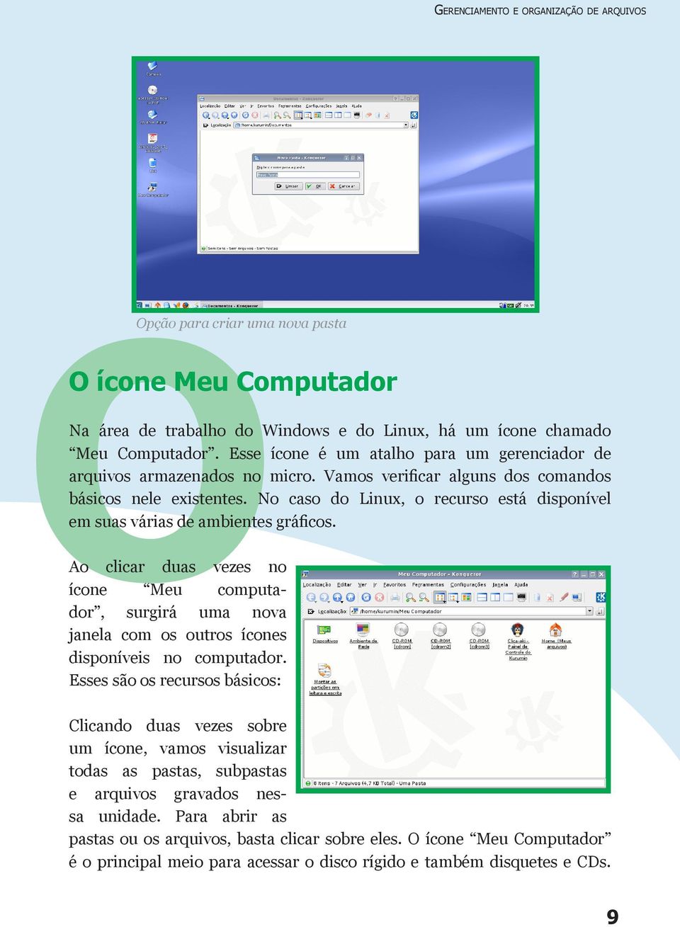 No caso do Linux, o recurso está disponível em suas várias de ambientes gráficos. Ao clicar duas vezes no ícone Meu computador, surgirá uma nova janela com os outros ícones disponíveis no computador.